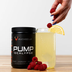 Hydration droplets on glass with Bucked Up Pump-ocalypse Raspberry Lemonade