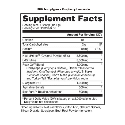 Bucked Up Pump-ocalypse Raspberry Lemonade label close-up highlighting hydration-focused ingredients