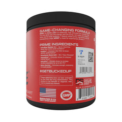 Bucked Up Woke blue raspberry label closeup emphasizes branding and ingredients