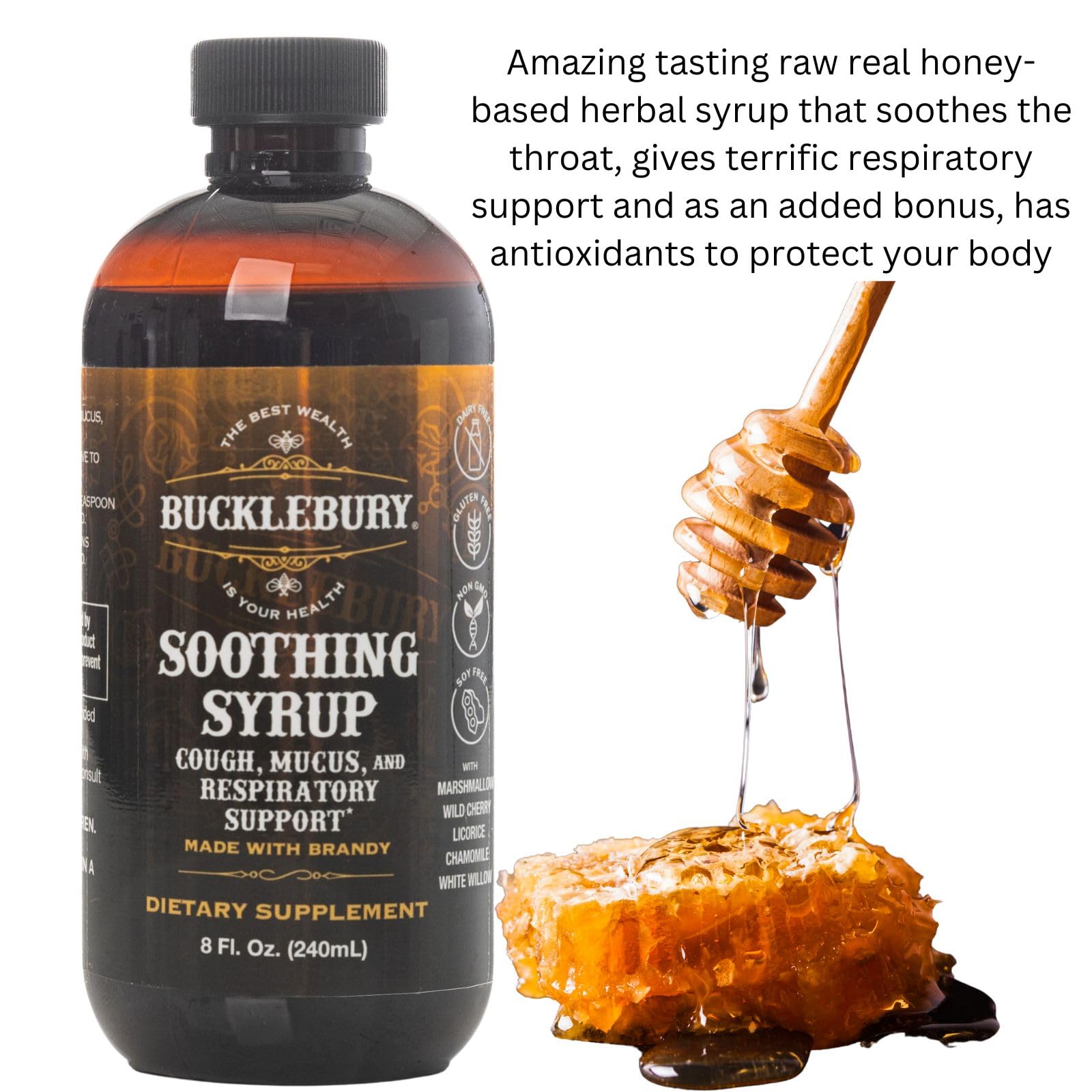 BUCKLEBURY Cough Syrup herbal blend close-up with five-herb mix
