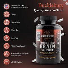 Bucklebury ingredients list shows Bacopa, Alpha GPC, Lion's Mane and more.