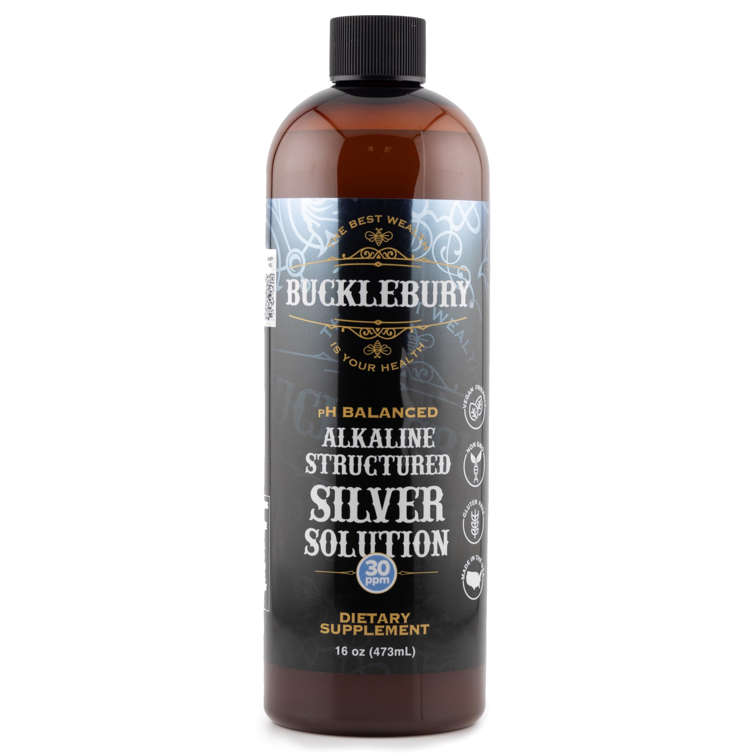Bucklebury Silver Solution bottle pour showing structured alkaline silver for daily wellness
