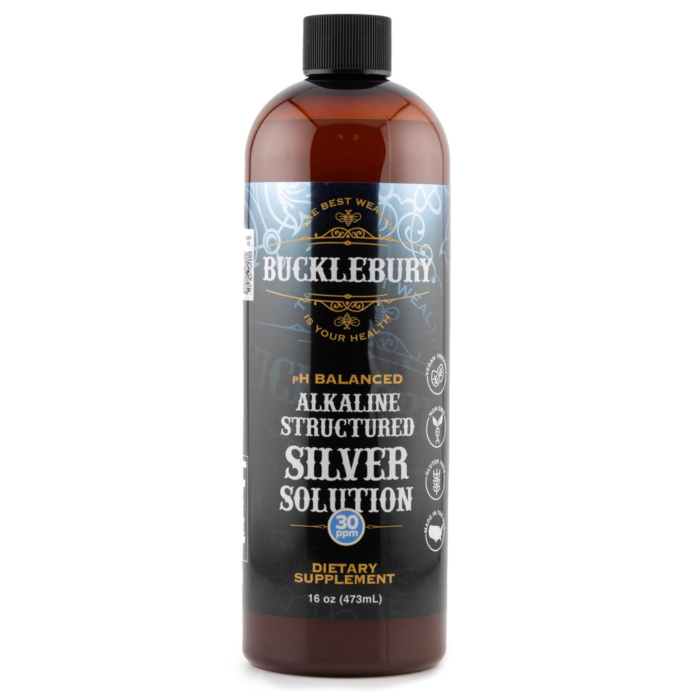 Bucklebury Silver Solution bottle pour showing structured alkaline silver for daily wellness