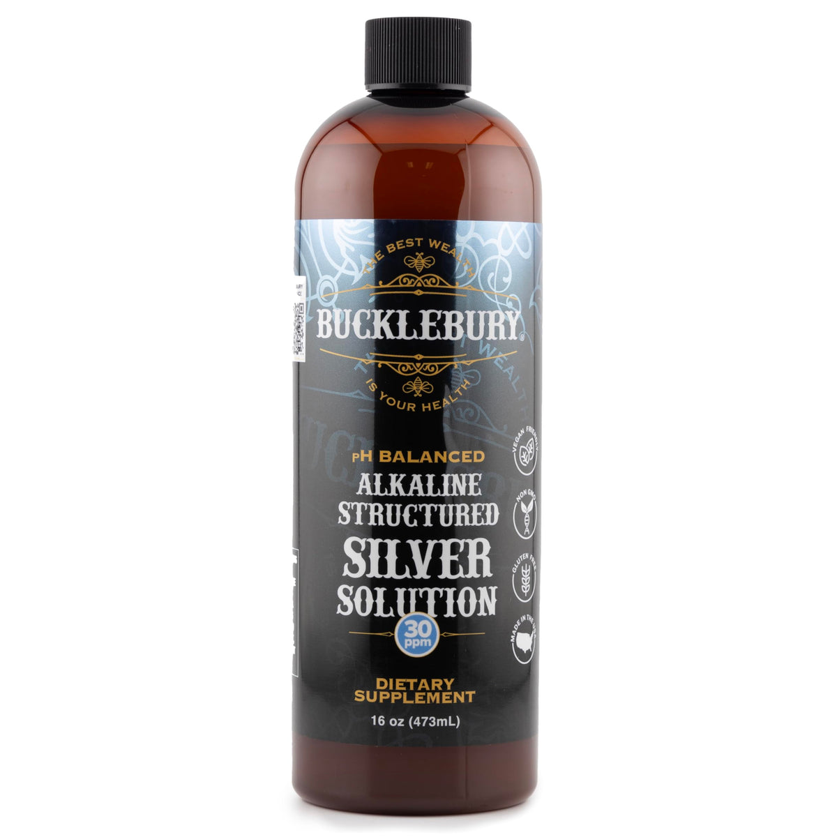 Bucklebury Silver Solution bottle pour showing structured alkaline silver for daily wellness
