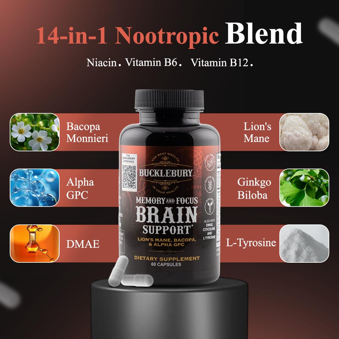 Bucklebury vegan capsules packaging emphasizes plant-based brain health.