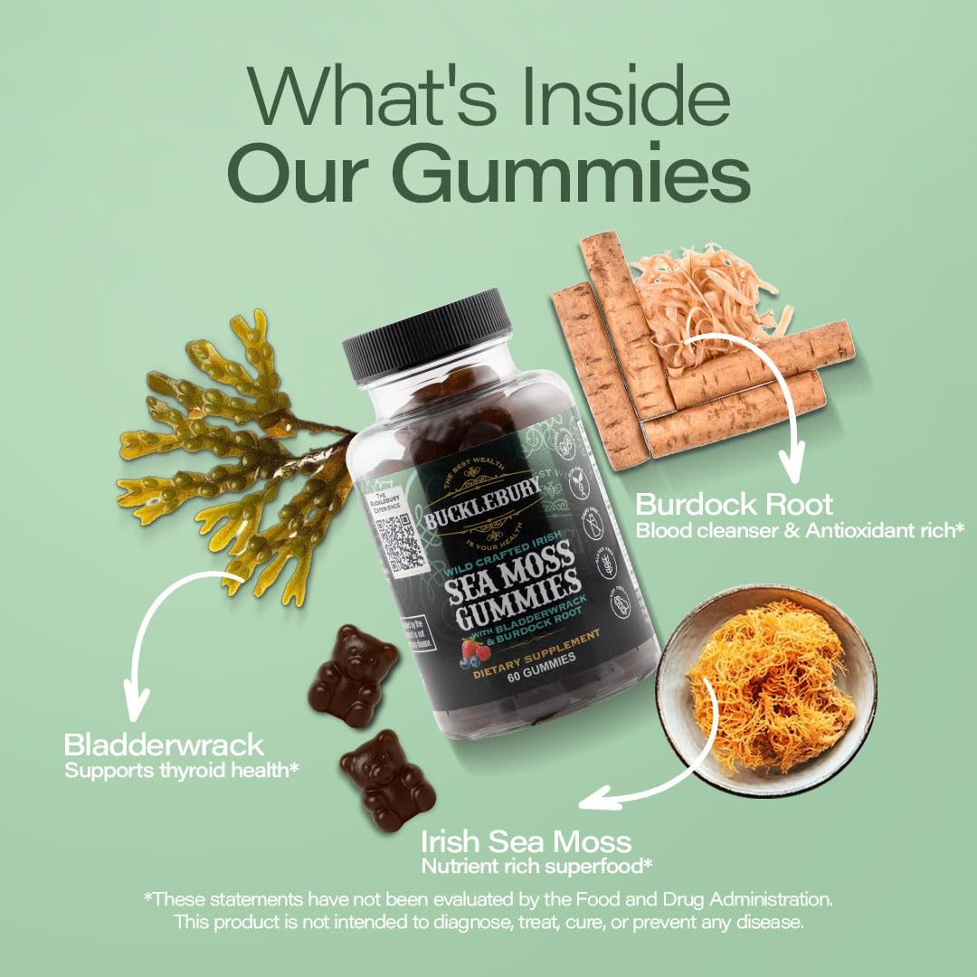Bucklebury Wildcrafted Sea Moss Gummies label highlights natural ingredients.