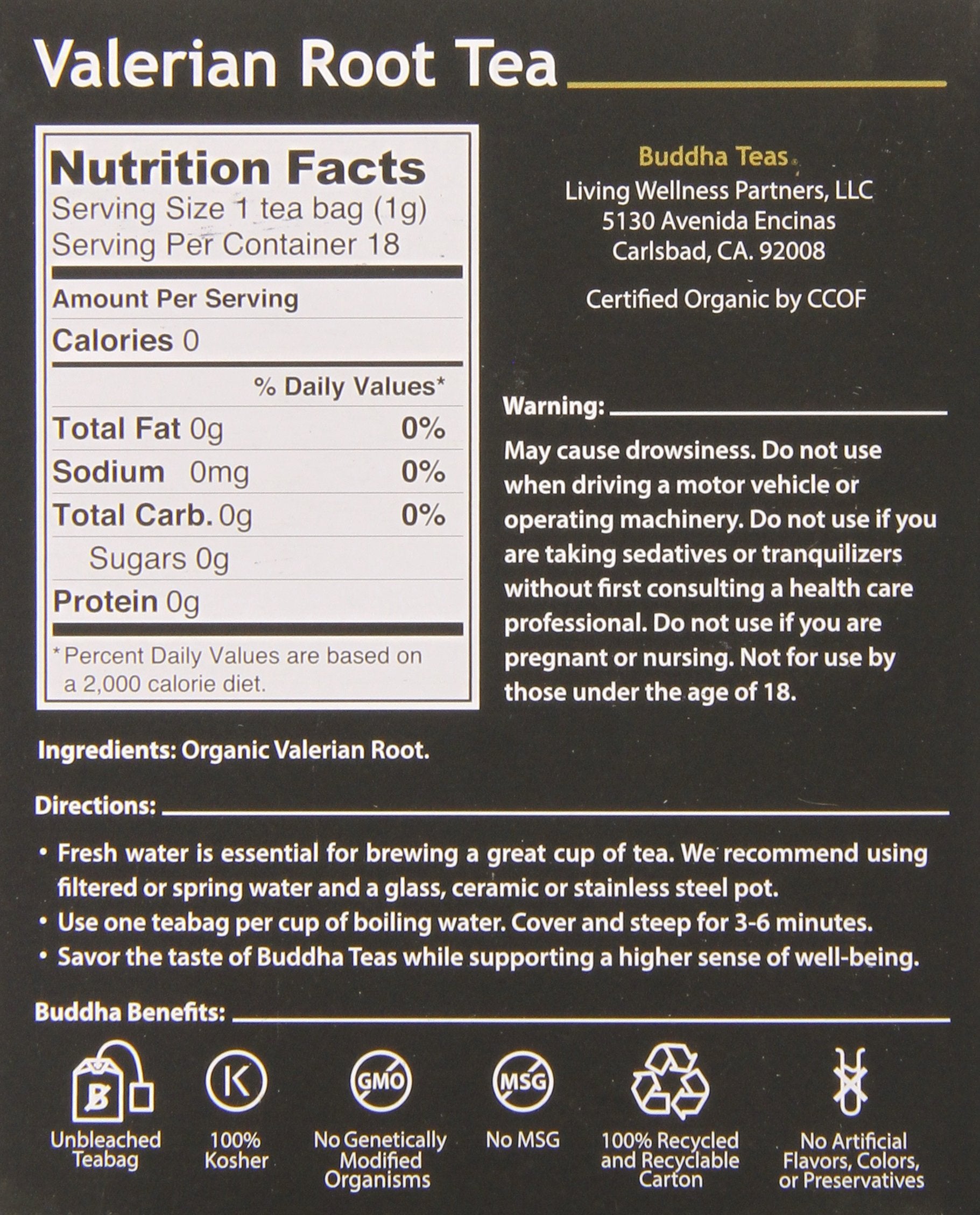 Buddha Teas Valerian Root Tea organic herbs displayed to emphasize quality and natural flavor.