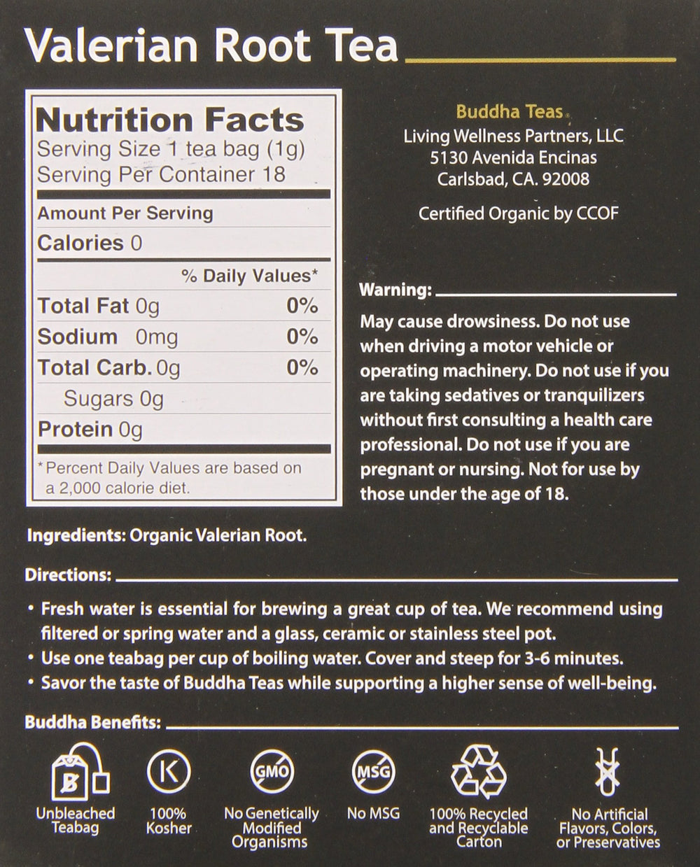 Buddha Teas Valerian Root Tea organic herbs displayed to emphasize quality and natural flavor.
