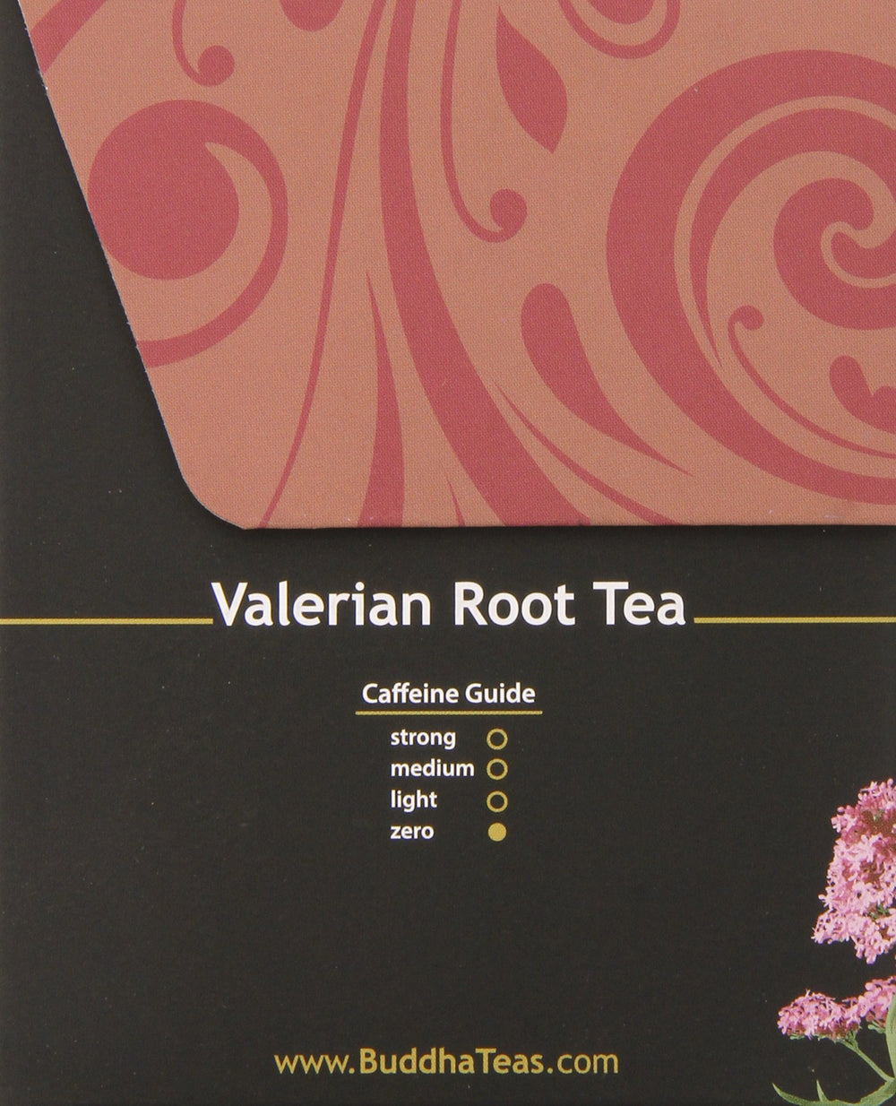 Buddha Teas Valerian Root Tea steaming cup with aroma evokes calming, restful moments.