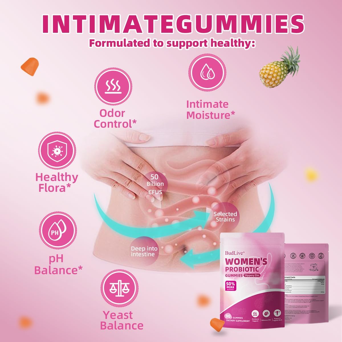 BudLive pineapple gummies label close-up showing ingredients and probiotic benefits.