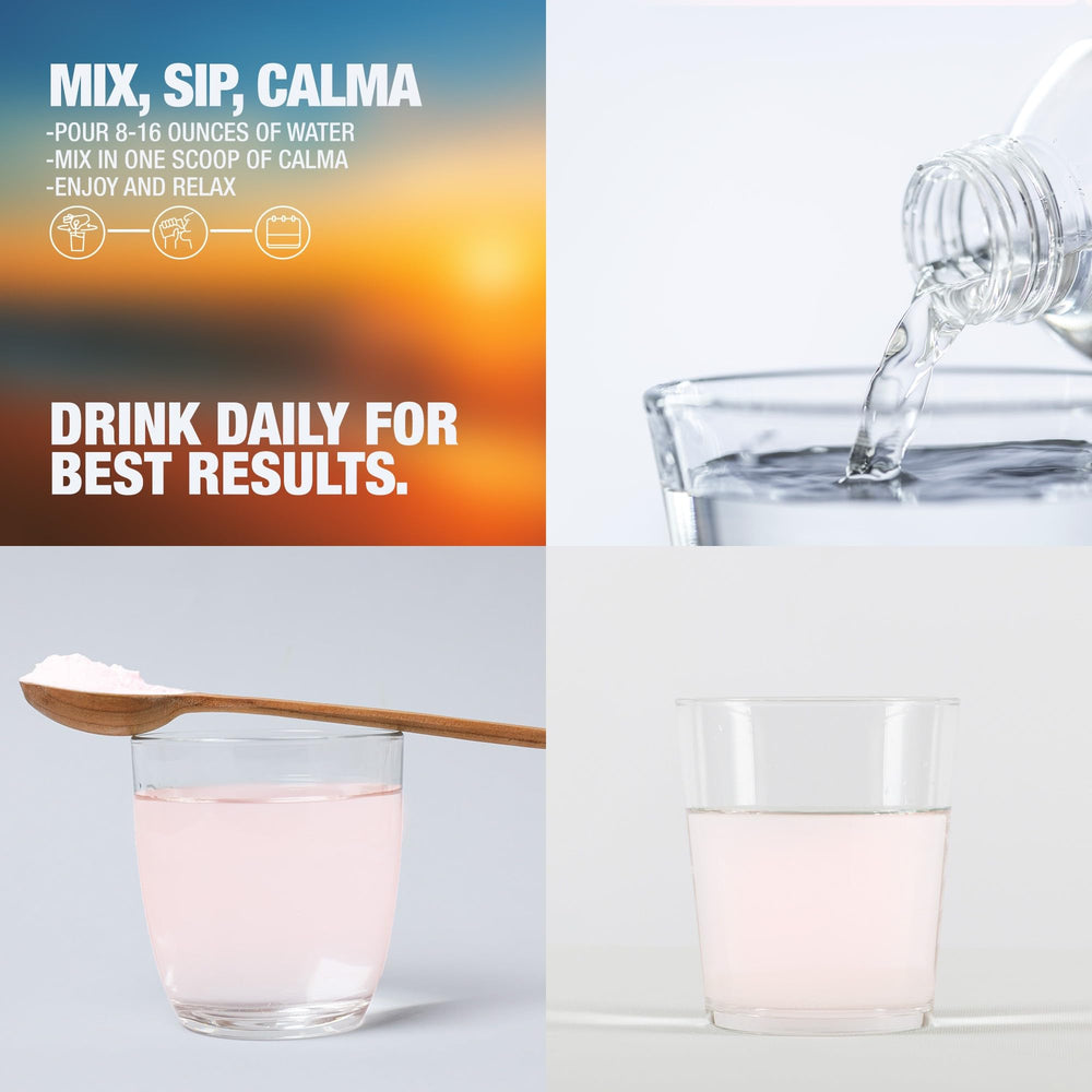 Calma powder stirred in water with a glass, promoting relaxed focus.