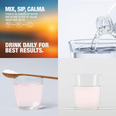 Calma powder stirred in water with a glass, promoting relaxed focus.