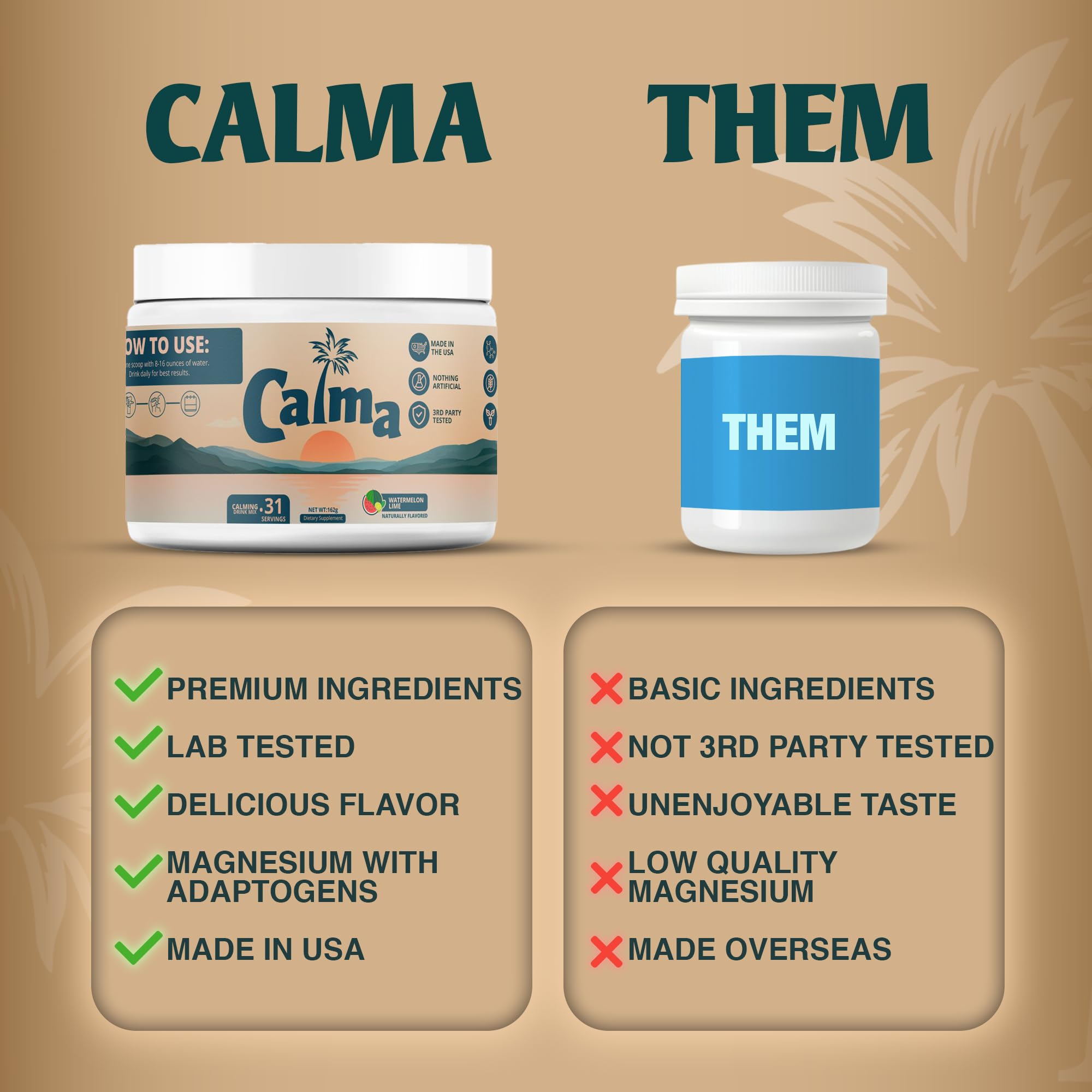 Close-up of Calma tub showing sugar-free, non-GMO formula.