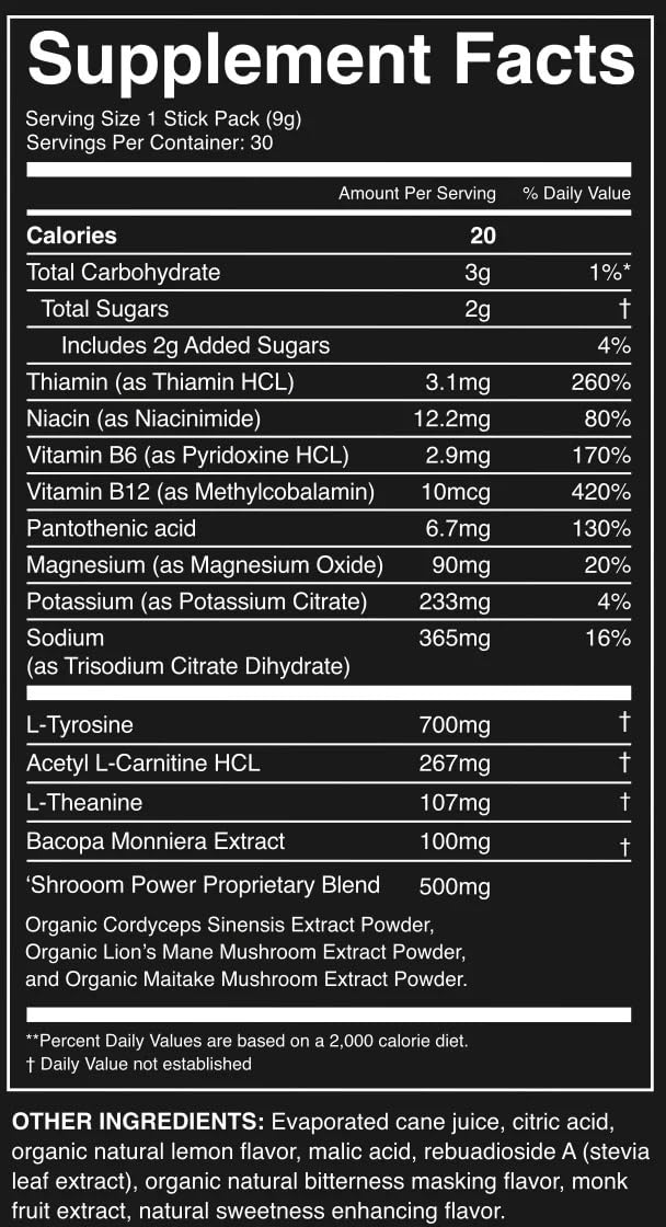BUFFED ENERGY Mega Buffed Focus organic mushroom blend supports cognitive clarity.