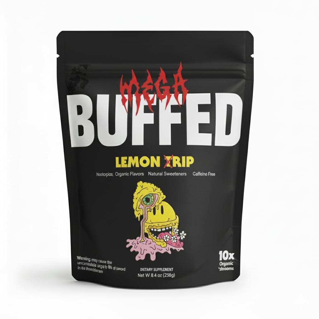 BUFFED ENERGY Mega Buffed Focus powder tub highlights organic mushroom blend for sustained energy.