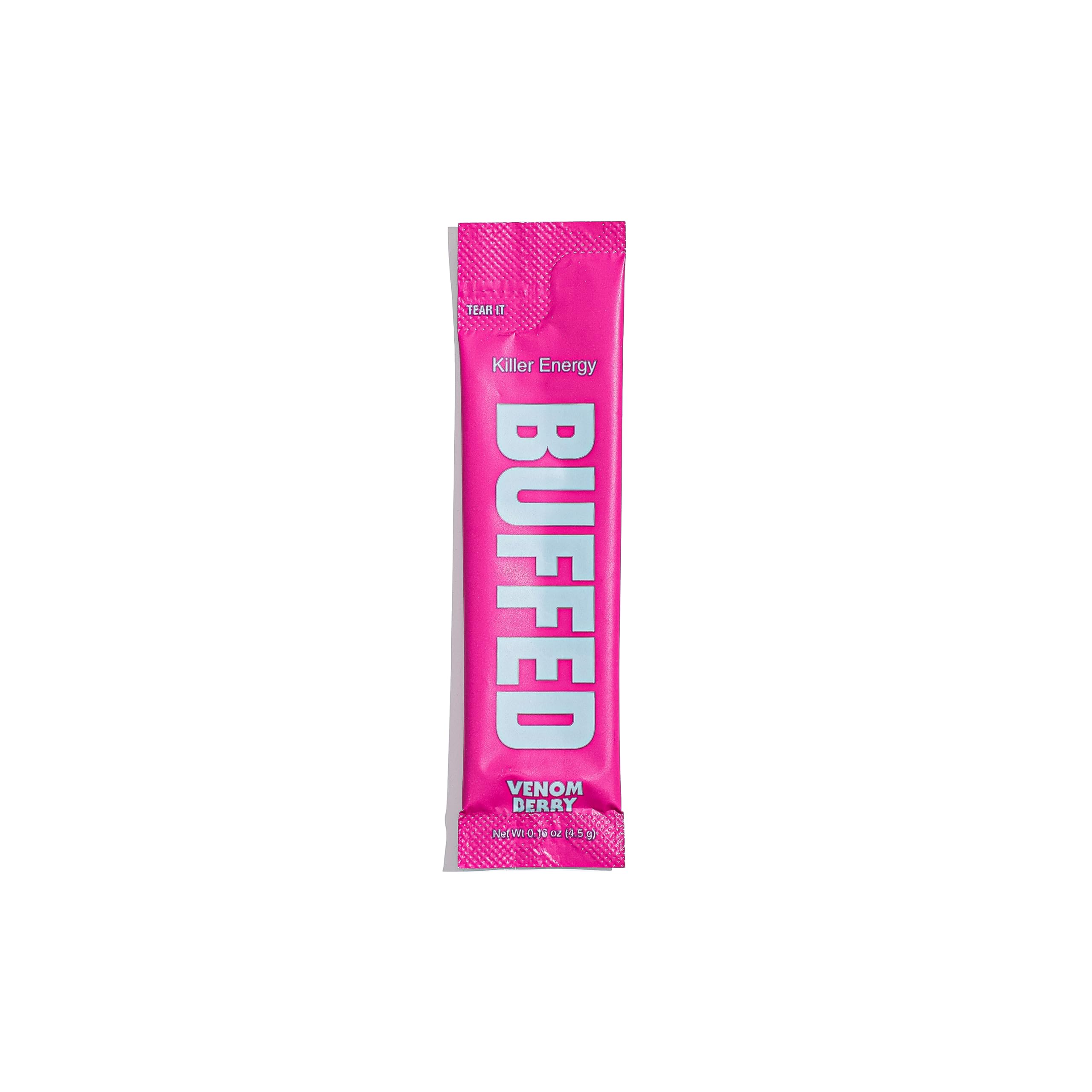 BUFFED Venom Berry dissolving powder shown in glass as a smooth focus booster.