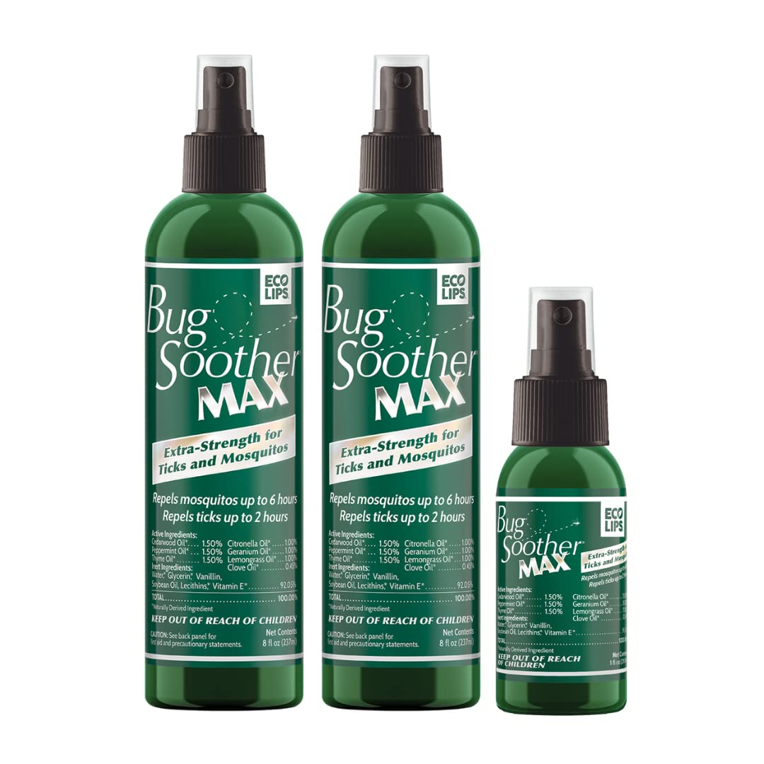 Bug Soother MAX bottle front label shows plant-based tick and mosquito protection for outdoor use.