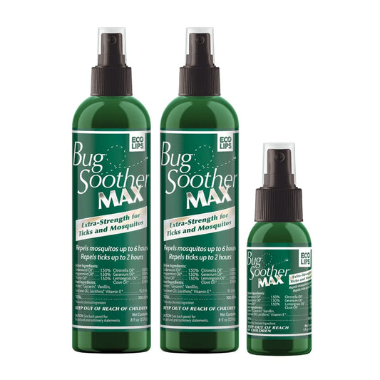 Bug Soother MAX bottle front label shows plant-based tick and mosquito protection for outdoor use.