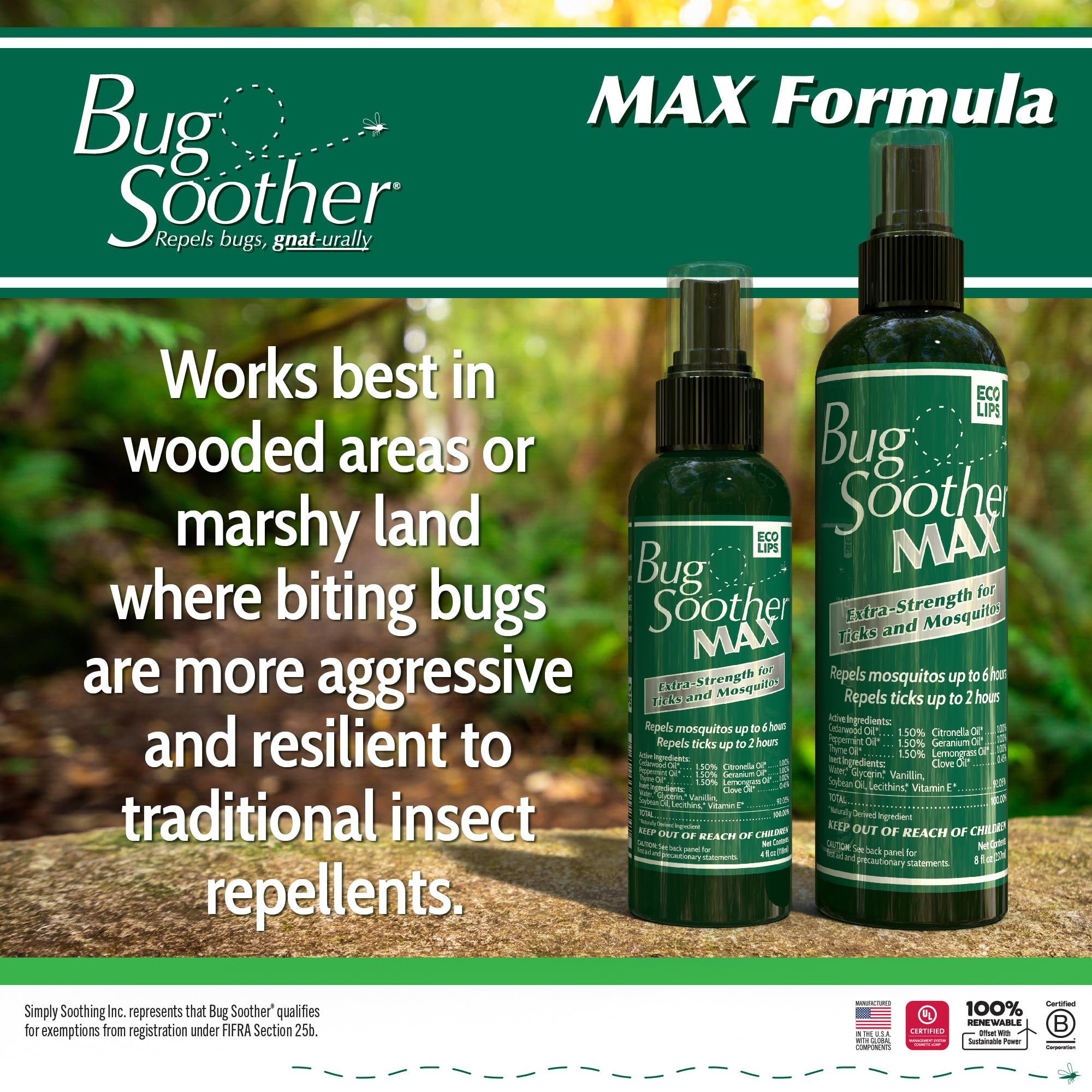 Bug Soother MAX cedarwood peppermint ingredients graphic highlights natural oils for outdoor protection.