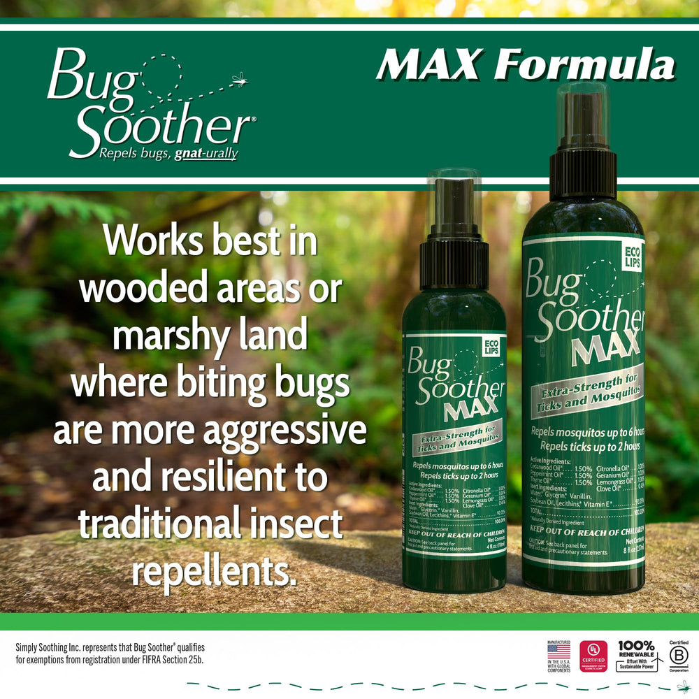 Bug Soother MAX cedarwood peppermint ingredients graphic highlights natural oils for outdoor protection.