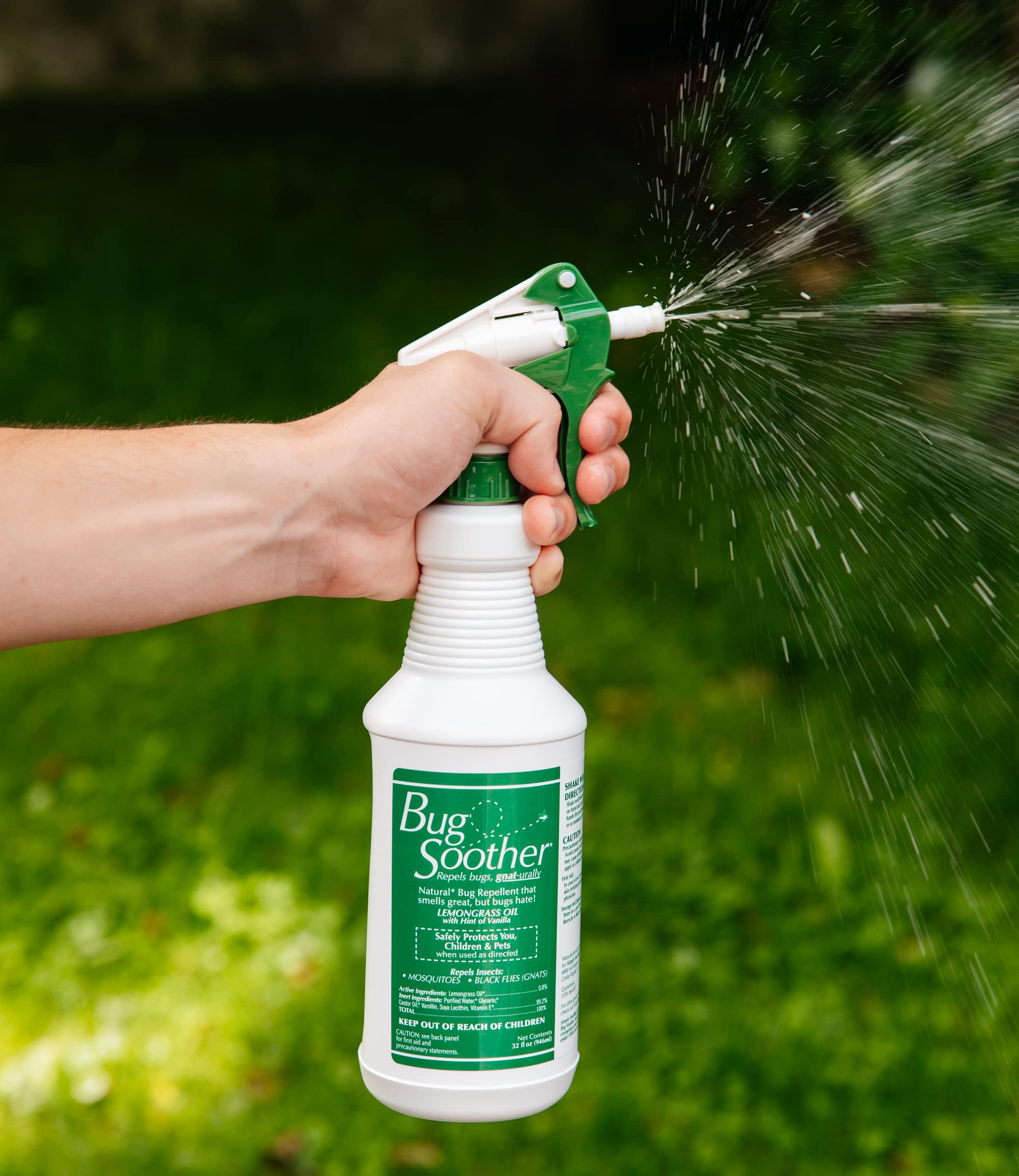 Bug Soother spray action illustrates a DEET-free, family-friendly outdoor defense.