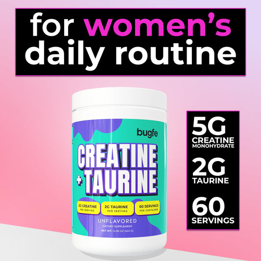 Bugfe Creatine Taurine micronized powder ready to mix with beverages.