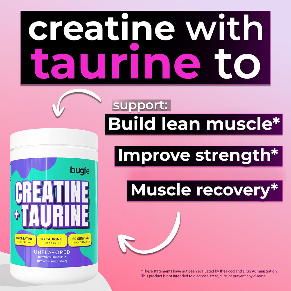 Bugfe Creatine Taurine serving scoop included for precise dosing.