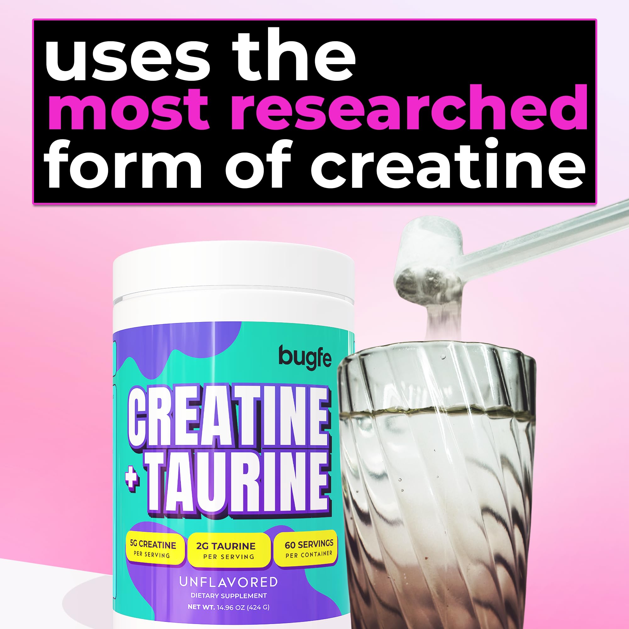 Bugfe Creatine Taurine tub with lid signaling quality and freshness.