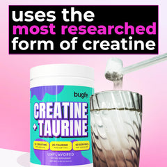 Bugfe Creatine Taurine tub with lid signaling quality and freshness.