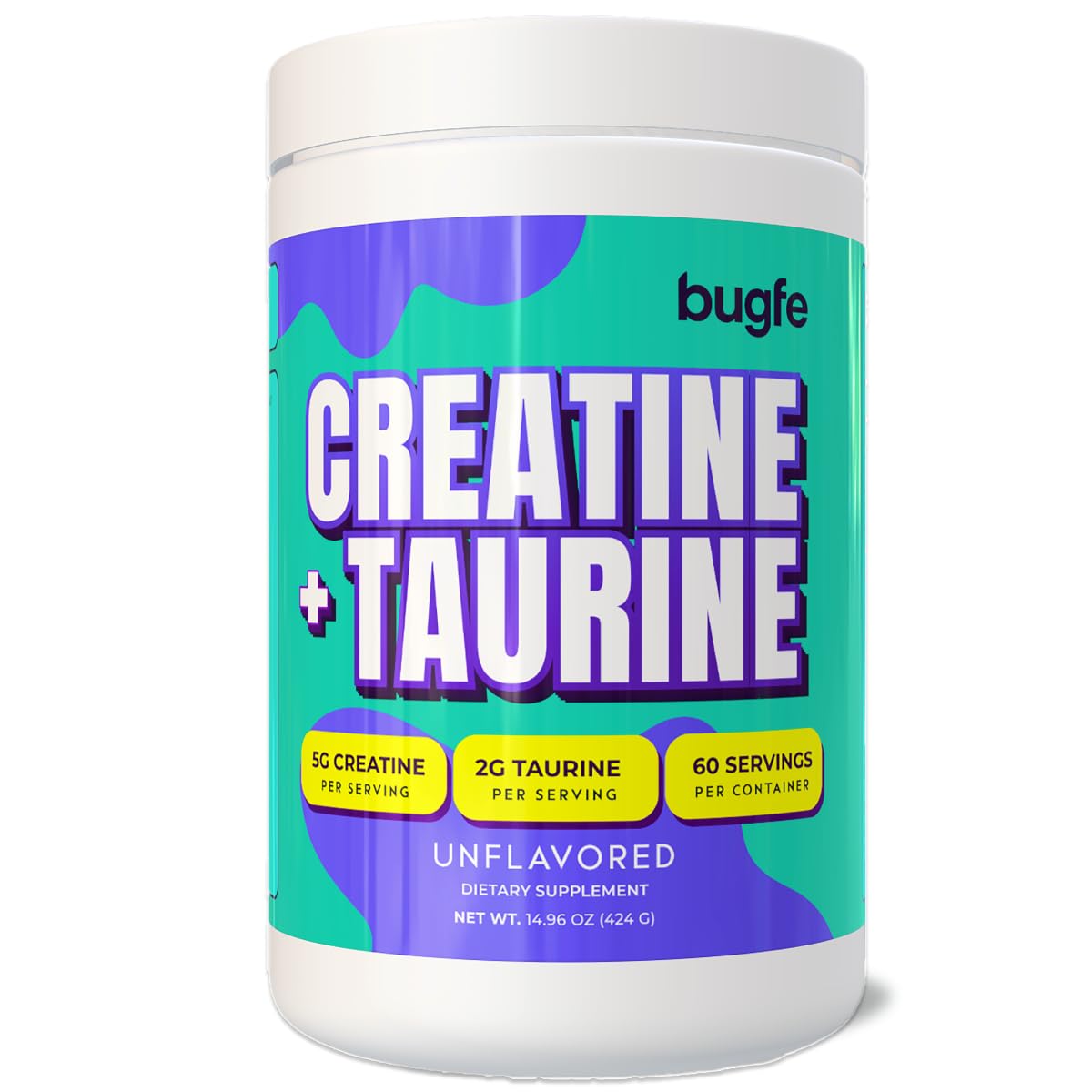 Bugfe Creatine with Taurine unflavored bottle for workouts and recovery.