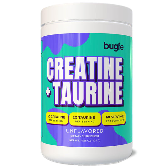 Bugfe Creatine with Taurine unflavored bottle for workouts and recovery.