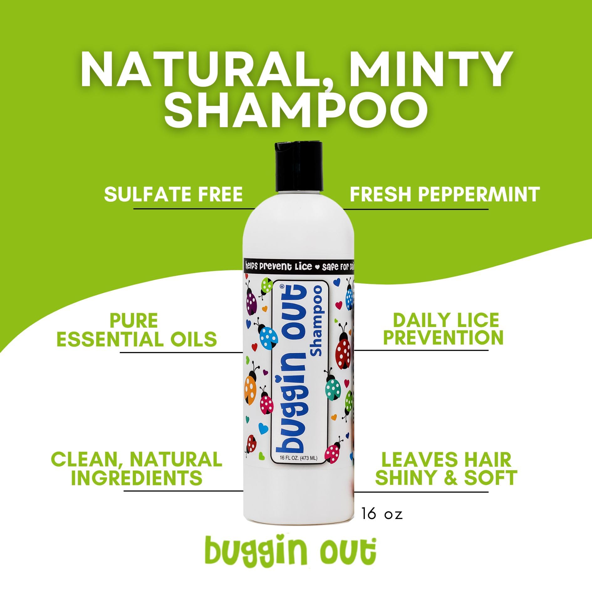 Buggin Out Lice Prevention Shampoo bottle with label highlighting natural formula