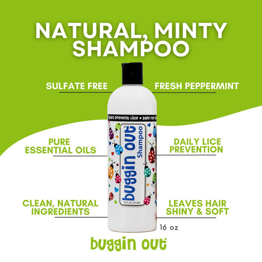 Buggin Out Lice Prevention Shampoo bottle with label highlighting natural formula
