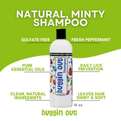 Buggin Out Lice Prevention Shampoo bottle with label highlighting natural formula