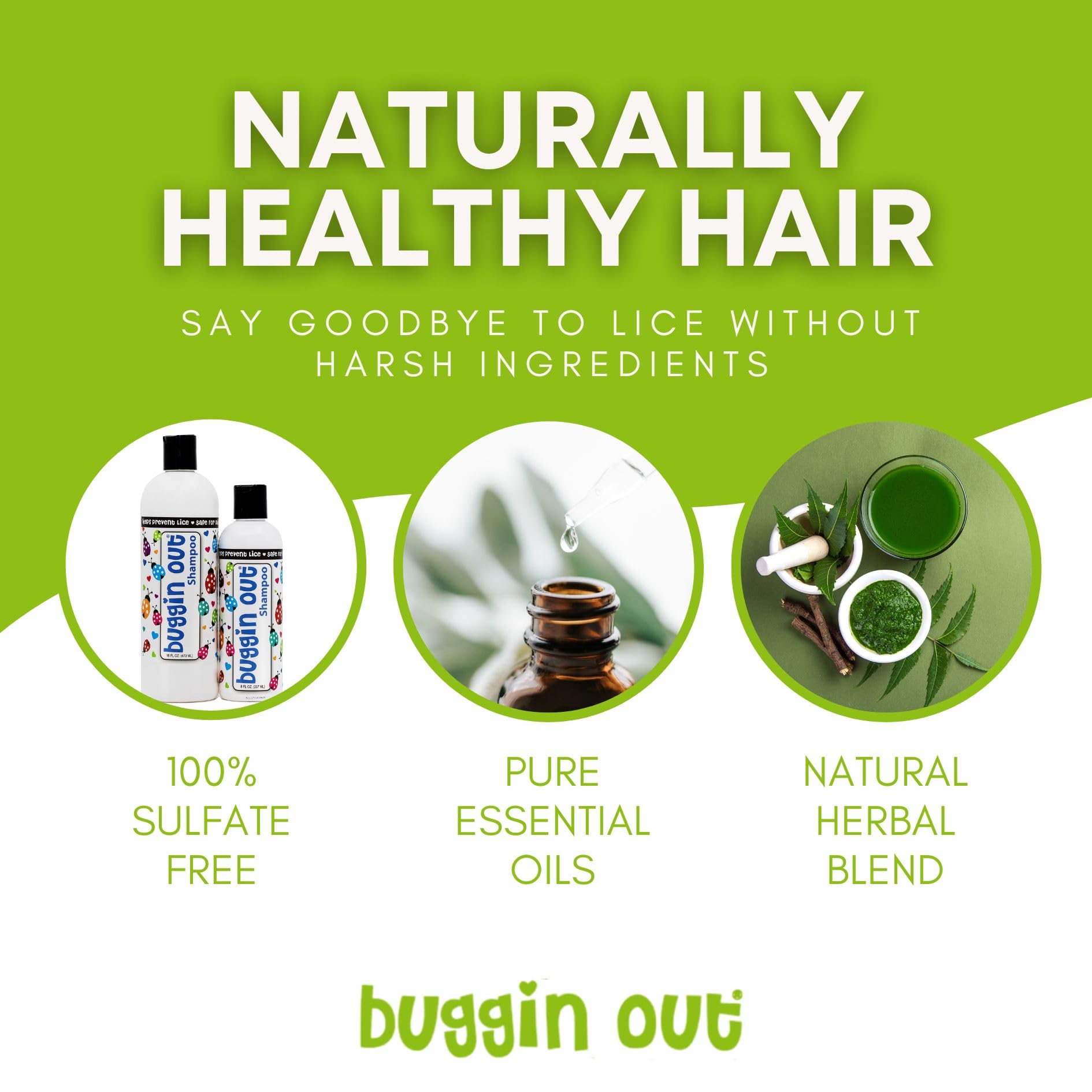 Buggin Out Lice Prevention Shampoo highlights healthy hair glow and minty freshness