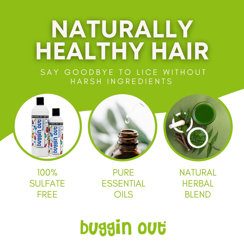 Buggin Out Lice Prevention Shampoo highlights healthy hair glow and minty freshness