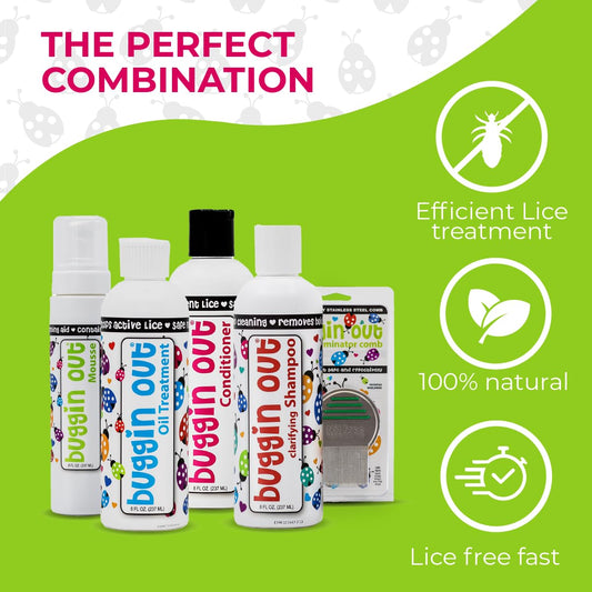 Buggin Out Mega Care lice oil, soothing scalp and easing detangling sessions.