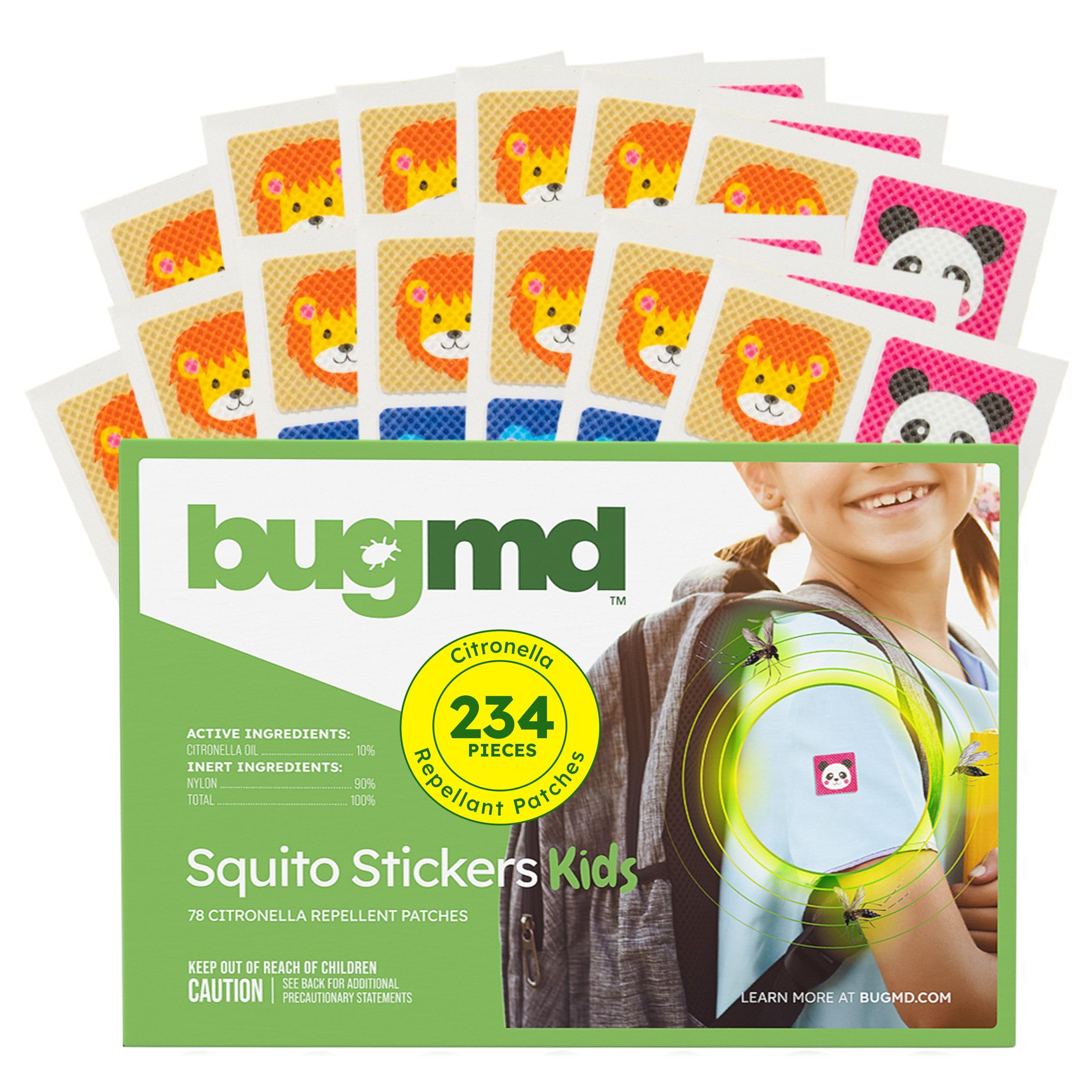 BugMD Squito Stickers animal designs on kids' shirt for outdoor protection.