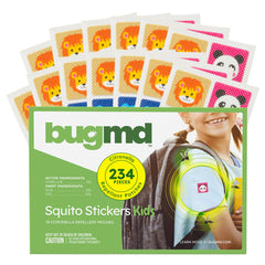 BugMD Squito Stickers animal designs on kids' shirt for outdoor protection.