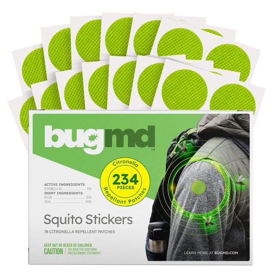 BugMD Squito Stickers packaging showing DEET-free citronella patch protection.
