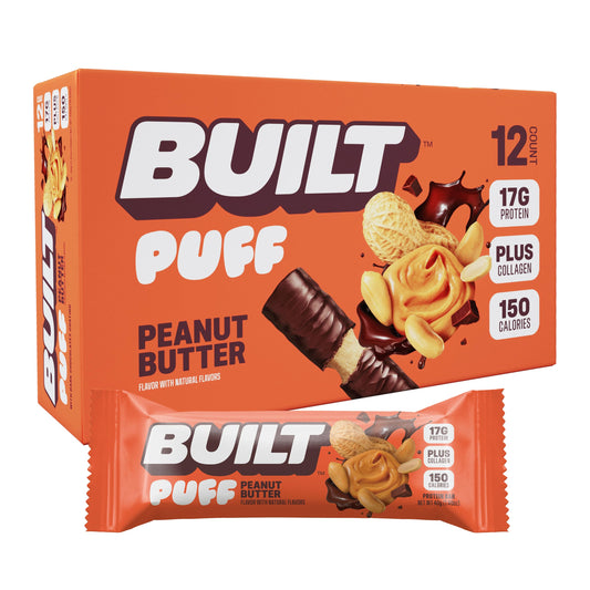 Built Bar Puff peanut butter bar showing protein-packed on-the-go fueling