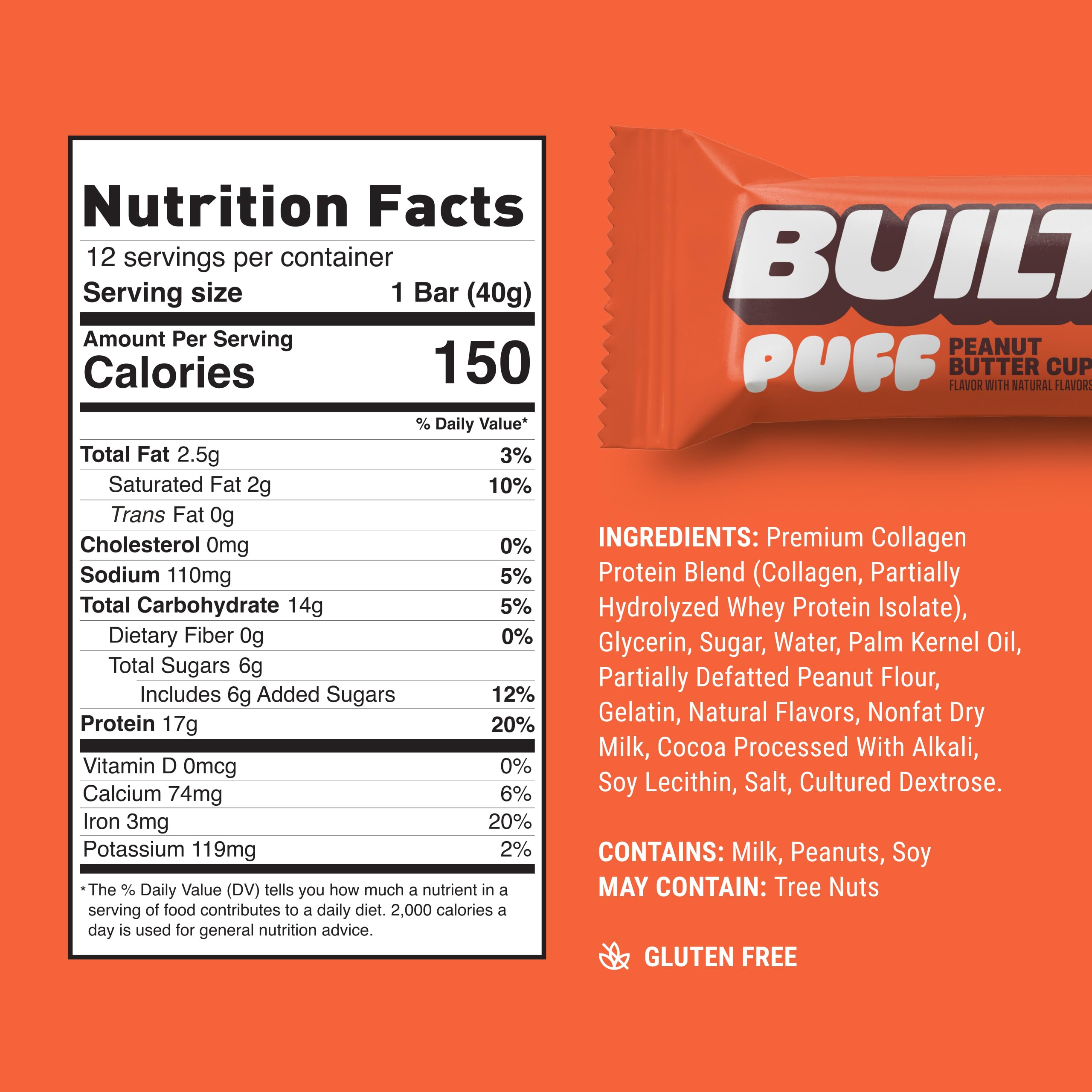 BUILT Bar Puff Peanut Butter Cup bar unwrapped, ready for a protein-packed snack