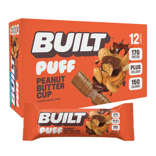 BUILT Bar Puff Peanut Butter Cup packaging front showcasing a gluten-free protein snack