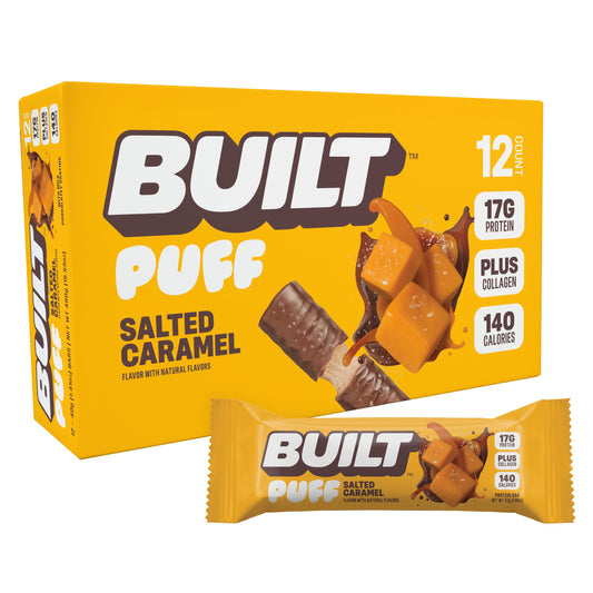 Built Bar Puff Salted Caramel bar, protein-packed for workouts.