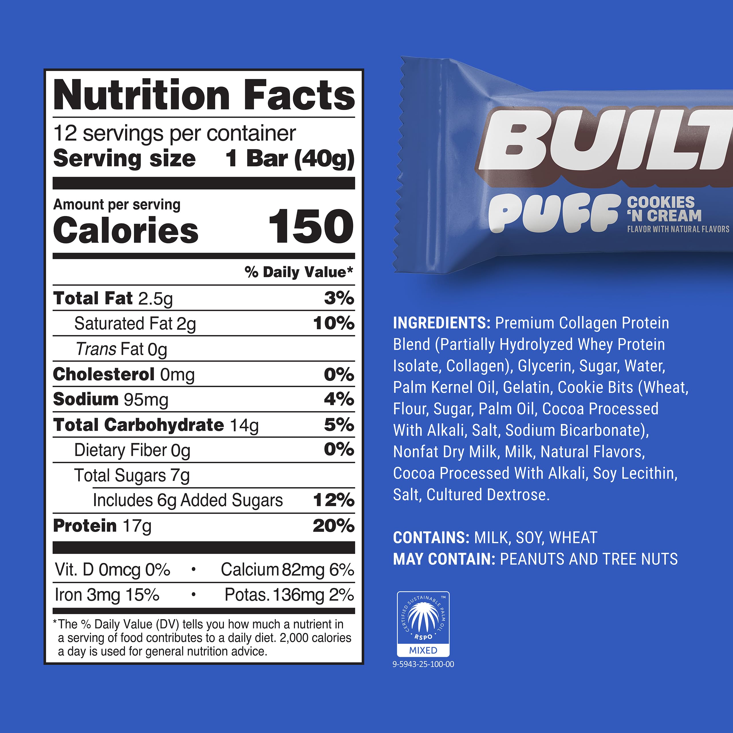 BUILT Bar Puff textura sedosa: snack proteico ideal para merienda rápida.