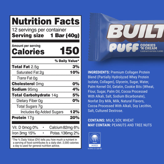 BUILT Bar Puff textura sedosa: snack proteico ideal para merienda rápida.