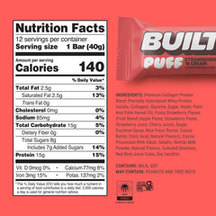 Built Bar Puffs Strawberries N Cream bite shows smooth flavor and high protein.