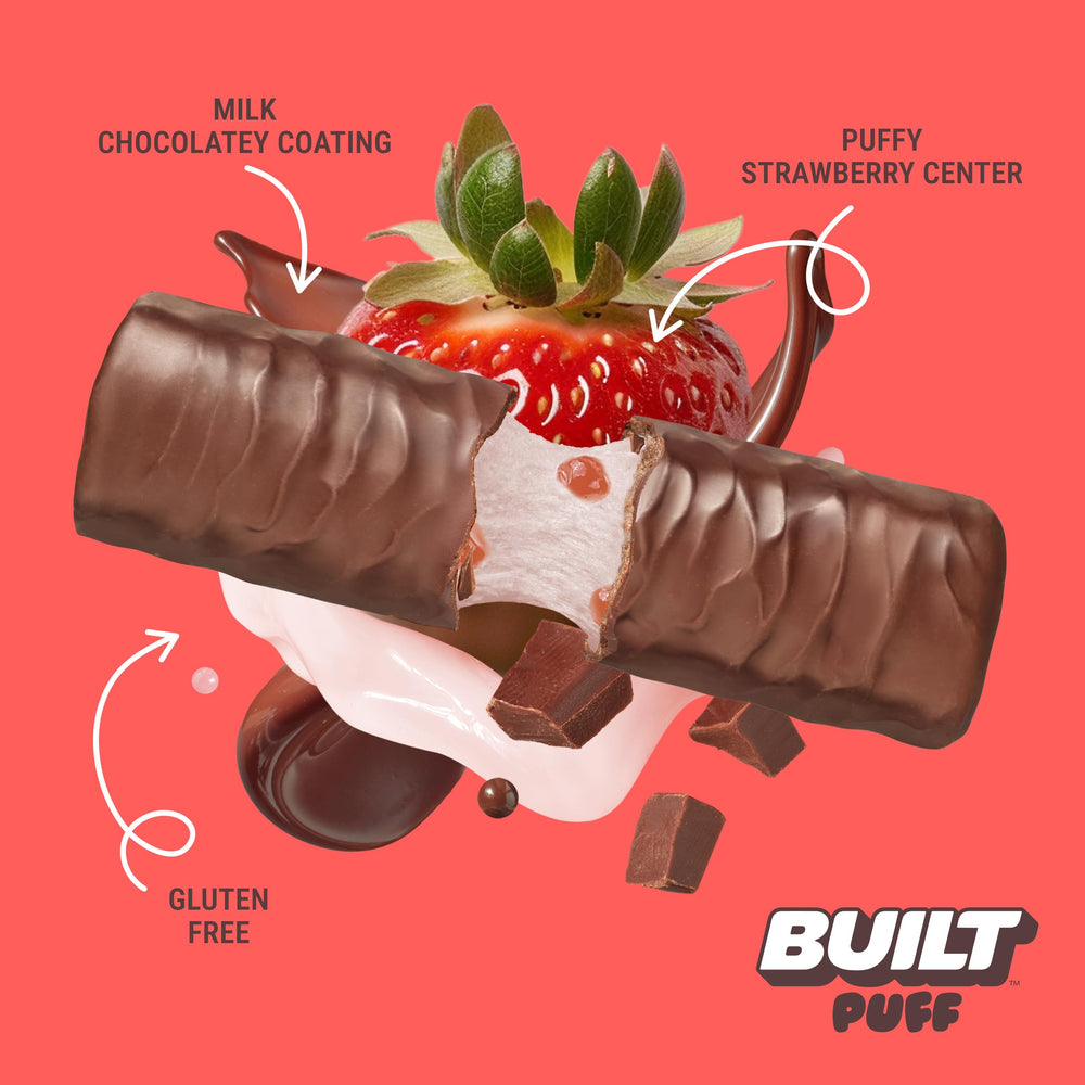 Built Bar Puffs Strawberries N Cream texture highlights melt-in-your-mouth creaminess.