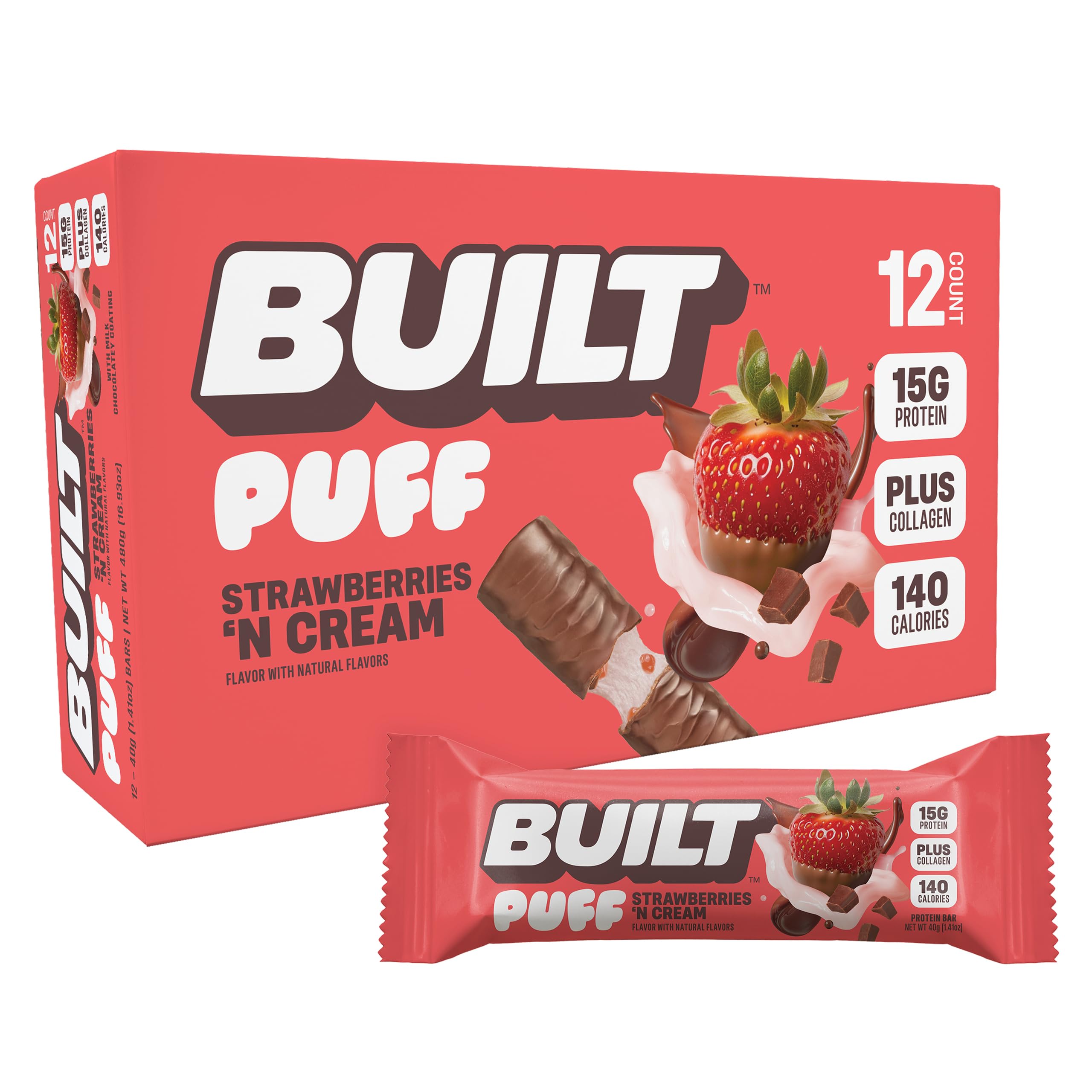 Built Bar Puffs Strawberries N Cream unwrap reveals a protein-packed, on-the-go snack.