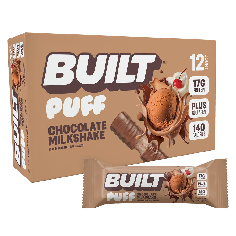 Built Bar Puff chocolate milkshake pack offers a high-protein, on-the-go snack.